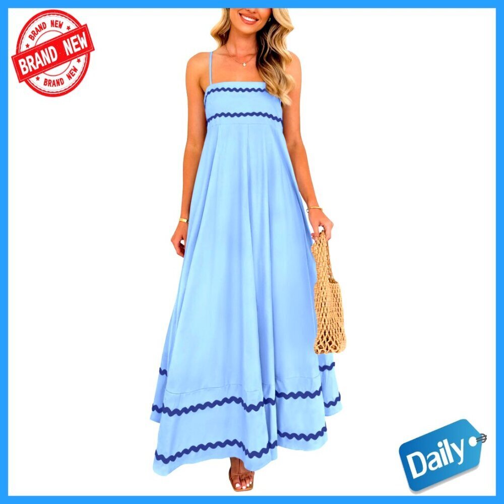 Summer Maxi Dress Sleeveless Spaghetti Strap Flowy Beach Casual with Pockets